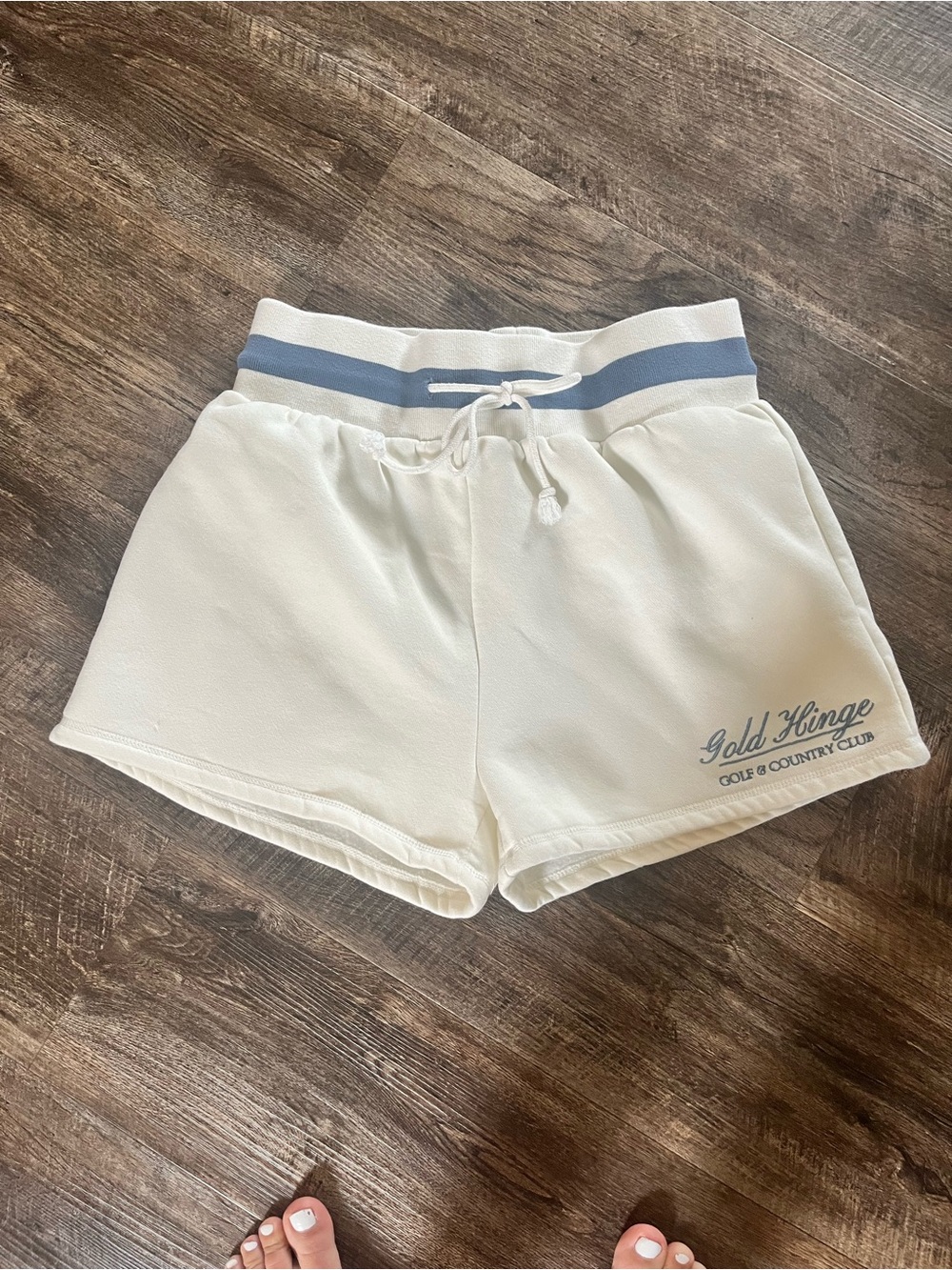 Gold Hinge Cream Women's Knit Shorts with Blue Waistband